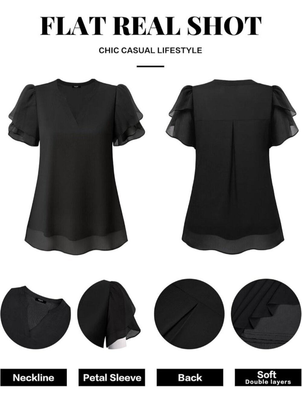 Women's Black Polyester Puff Petal Short Sleeve Dressy Chiffon Blouses - Picture 5 of 5